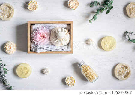 Spa composition flat lay on white background. Spa composition flat lay on white background. 135874967
