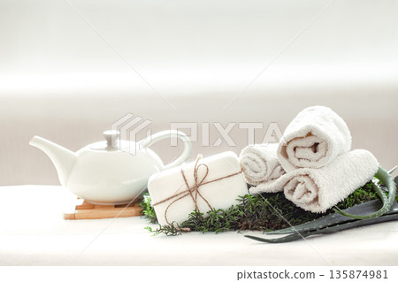 Skin care products and aloe vera on white background. 135874981
