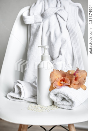 Spa composition with bath accessories and Thai orchid flowers. Spa composition with bath accessories and Thai orchid flowers. 135874994