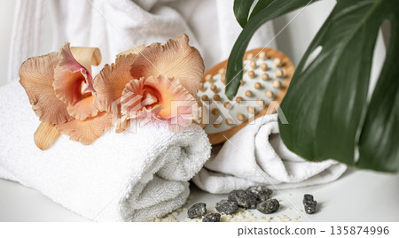 Spa composition with bath accessories and Thai orchid flowers. 135874996