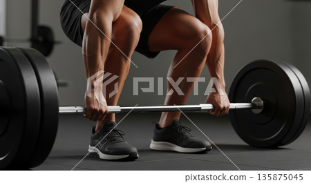 Athletic male individual performing deadlift exercise with heavy barbell in modern gym environment, showcasing strength, focus, and dedication to fitness training and physical health 135875045