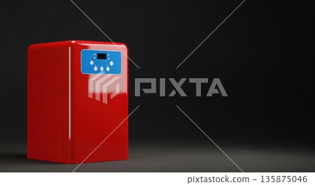 Bright red compact refrigerator with a blue control panel stands against a dark background, showcasing modern design and functionality for contemporary kitchens and living spaces 135875046