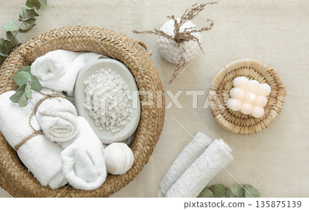 Spa composition with personal hygiene items, body care concept. Spa composition with personal hygiene items, body care concept. 135875139