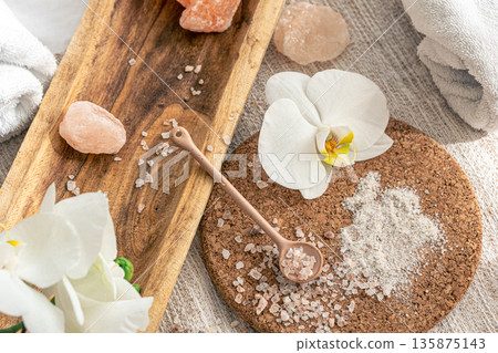 Spa composition with sea salt and orchid flowers. Spa composition with sea salt and orchid flowers. 135875143