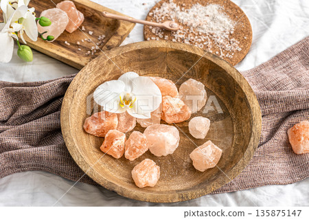 Spa composition with sea salt and orchid flowers. Spa composition with sea salt and orchid flowers. 135875147