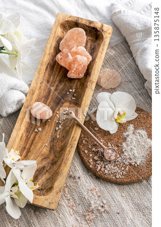 Spa composition with sea salt and orchid flowers. Spa composition with sea salt and orchid flowers. 135875148