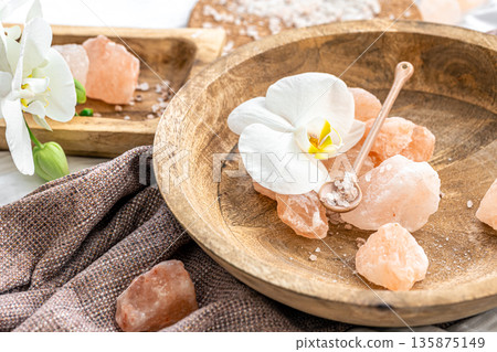 Spa composition with sea salt and orchid flowers. Spa composition with sea salt and orchid flowers. 135875149