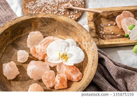 Spa composition with sea salt and orchid flowers. Spa composition with sea salt and orchid flowers. 135875150