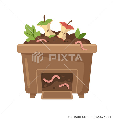 Home vermicompost bin with worms and organic waste. Composting system vector illustration 135875243