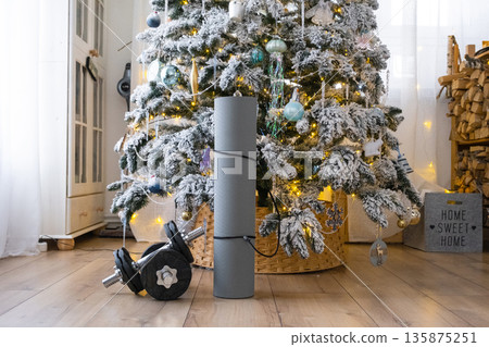 Sports equipment dumbbells, a fitness mat, and fitness bands lie under the Christmas tree at home as a gift for Christmas and New Year Sports equipment dumbbells, a fitness mat, and fitness bands lie under the Christmas tree at home as a gift for Christmas and New Year 135875251