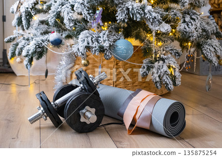 Sports equipment dumbbells, a fitness mat, and fitness bands lie under the Christmas tree at home as a gift for Christmas and New Year 135875254