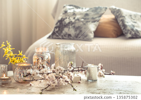 still life flowers with decorative objects in the living room 135875302
