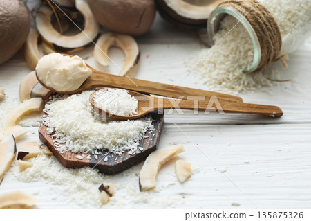 still life with coconut and flakes still life with coconut and flakes 135875326