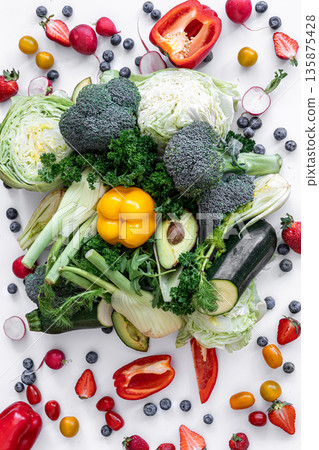 Vegetables and fruits, flat lay isolated on white background. 135875428