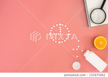 Flat lay, pills on a pink background, conceptual minimalism, medicine. Flat lay, pills on a pink background, conceptual minimalism, medicine. 135875662