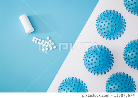 Flat lay, virus balls, disease and infection concept. 135875674