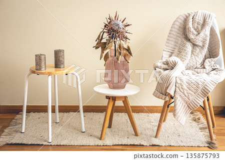 Home composition with protea flower in the interior of the room. Home composition with protea flower in the interior of the room. 135875793