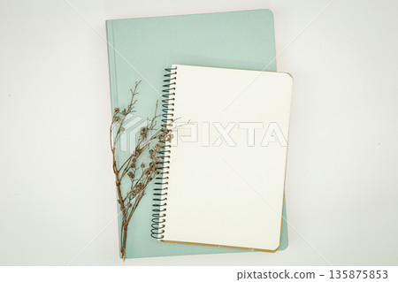 Minimalistic background with blank notepad, flat lay. 135875853