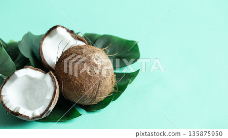 Natural Monstera leaf with coconut on a blue background. Natural Monstera leaf with coconut on a blue background. 135875950