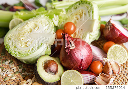 Plate with vegetables, seeds and nuts, generative AI. 135876014