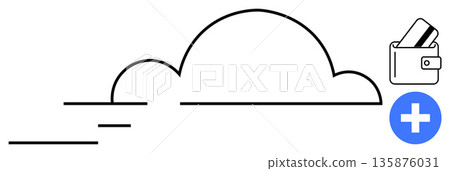 Digital banking, cloud storage, online payments, e-commerce, financial management, technology. Minimalist cloud outline, wallet with credit cards and blue plus sign. Digital banking and cloud Digital banking, cloud storage, online payments, e-commerce, financial management, technology. Minimalist cloud outline, wallet with credit cards and blue plus sign. Digital banking and cloud 135876031