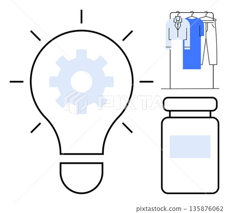 Innovation, design thinking, creativity, retail, medicine, technology. A lightbulb with a gear, hanging clothes and a medicine bottle. Innovation and design thinking concepts Innovation, design thinking, creativity, retail, medicine, technology. A lightbulb with a gear, hanging clothes and a medicine bottle. Innovation and design thinking concepts 135876062
