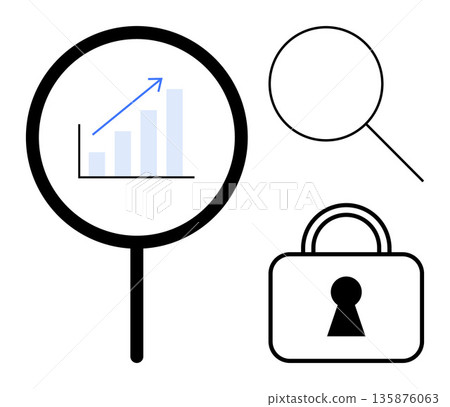 Data security, analytics, business growth, privacy protection, information search, cybersecurity. Magnifying glass over a chart, locked padlock icon. Data security and analytics 135876063