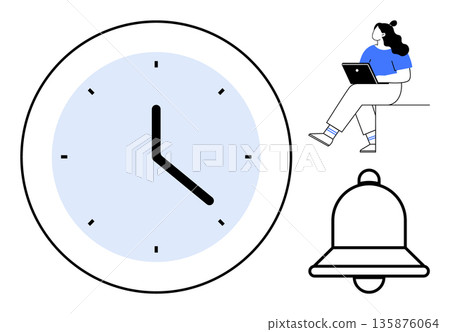 Productivity, time tracking, remote work, digital notifications, online learning, scheduling. Large clock, bell icon woman working on a laptop. Time tracking and remote work emphasis Productivity, time tracking, remote work, digital notifications, online learning, scheduling. Large clock, bell icon woman working on a laptop. Time tracking and remote work emphasis 135876064