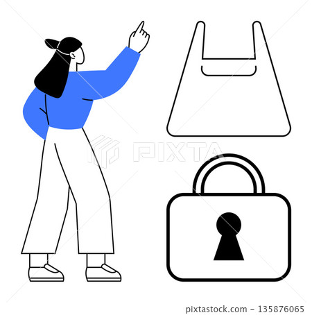 E-commerce, digital security, shopping platforms, online transactions, data protection, consumer trust. A woman gestures upward next to a bag outline and padlock. E-commerce and digital security E-commerce, digital security, shopping platforms, online transactions, data protection, consumer trust. A woman gestures upward next to a bag outline and padlock. E-commerce and digital security 135876065