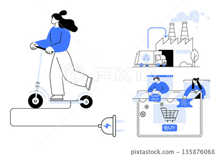 Sustainable living, renewable energy, urban mobility, clean industry, digital commerce, modern lifestyle. Woman riding an electric scooter, factory and online shopping visuals. Sustainable living 135876068