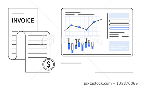 Financial planning, business management, budgeting, data visualization, accounting services, expense tracking. Image shows invoice paper and analytics on a dashboard. Financial planning and business Financial planning, business management, budgeting, data visualization, accounting services, expense tracking. Image shows invoice paper and analytics on a dashboard. Financial planning and business 135876069