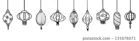 Chinese New Year lantern hanging ornaments in black outline and white plain on transparent background. Chinese New Year lantern hanging ornaments in black outline and white plain on transparent background. 135876071