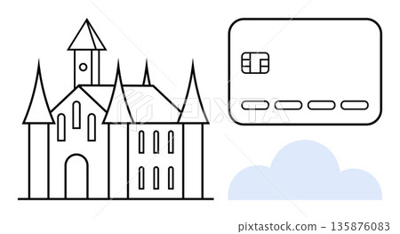 Digital transformation, cybersecurity, financial systems, tourism, cloud storage, payment processing. Minimalist castle, credit card and cloud. Cyberspace and digital transformation concepts Digital transformation, cybersecurity, financial systems, tourism, cloud storage, payment processing. Minimalist castle, credit card and cloud. Cyberspace and digital transformation concepts 135876083