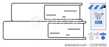 Online shopping, e-commerce, digital bookstores, user experience, customer reviews, online purchases. Graphic of books with a mobile phone store interface for buying. Online shopping and e-commerce 135876088