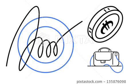 Financial security, cryptocurrency, blockchain, digital assets, online payments, fintech. A signature, coin and bag illustration. Financial security and cryptocurrency concepts 135876098