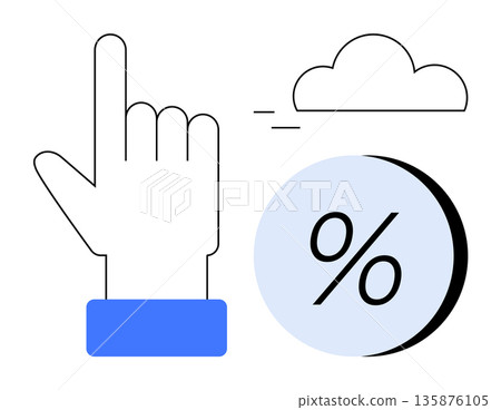 Finance concepts, cloud data, digital savings, technology, percentage calculations, online systems. A pointing hand, cloud and percentage symbol. Finance and cloud data visualization concept Finance concepts, cloud data, digital savings, technology, percentage calculations, online systems. A pointing hand, cloud and percentage symbol. Finance and cloud data visualization concept 135876105
