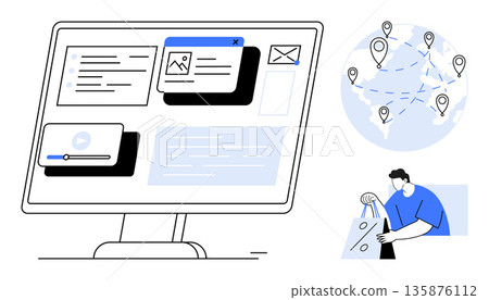 E-commerce, digital marketing, global trade, online shopping, logistics, supply chain. A computer screen with various digital content, global map with pins, and a person holding a shopping bag 135876112