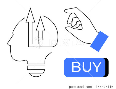 Consumer psychology, decision-making, e-commerce, online shopping, marketing strategy, growth trends. Human profile with arrows, hand poised over buy button. Consumer psychology and decision-making 135876116