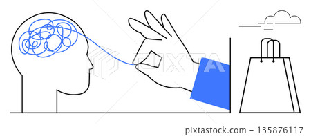 Decision-making, mental clarity, consumer psychology, problem-solving, mindfulness, retail choices. Visual shows a hand untangling lines in a brain alongside a shopping bag. Mental clarity 135876117
