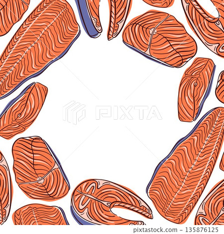 Salmon frame with fresh fish fillet in flat style. Minimal seafood border on white background for menu, recipe, packaging and culinary design. 135876125