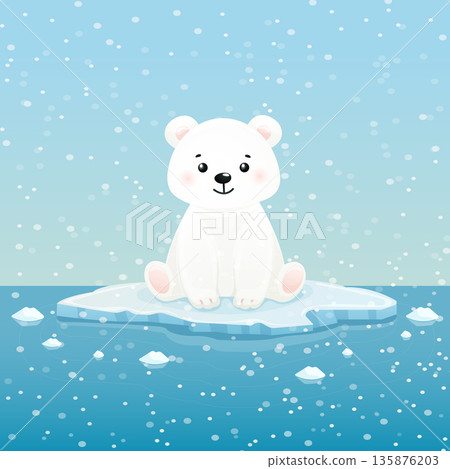 Cute polar bear cub sitting on ice floe in arctic ocean winter snowfall background. Cute polar bear cub sitting on ice floe in arctic ocean winter snowfall background. 135876203