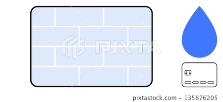 Water conservation, payment systems, sustainability, modern energy, construction materials, financial technology. A water droplet, brick wall and credit card symbol. Water conservation and payment Water conservation, payment systems, sustainability, modern energy, construction materials, financial technology. A water droplet, brick wall and credit card symbol. Water conservation and payment 135876205