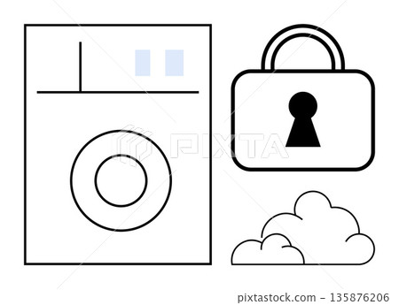 Cloud storage, cybersecurity, data privacy, encryption technology, secure access, online safety. Padlock, cloud symbols and technology device outline. Cloud storage and cybersecurity concept Cloud storage, cybersecurity, data privacy, encryption technology, secure access, online safety. Padlock, cloud symbols and technology device outline. Cloud storage and cybersecurity concept 135876206
