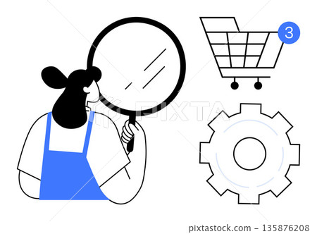 Online shopping, customer search, ecommerce tools, system settings, product discovery, inventory tracking. Woman examining with magnifying glass, cart notification and gear. Online shopping Online shopping, customer search, ecommerce tools, system settings, product discovery, inventory tracking. Woman examining with magnifying glass, cart notification and gear. Online shopping 135876208
