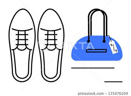 Fashion, shopping, retail, accessory design, style footwear. Illustration of shoes and handbag with price tag. Fashion and shopping concepts. Line metaphor. Simple line icons Fashion, shopping, retail, accessory design, style footwear. Illustration of shoes and handbag with price tag. Fashion and shopping concepts. Line metaphor. Simple line icons 135876209