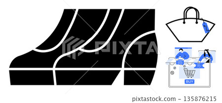 E-commerce, online shopping, fashion retail, digital marketing, product sales, web purchasing. Stylish shoes, handbag digital shopping cart interface. E-commerce and online shopping concept 135876215