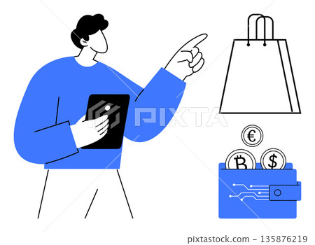 Ecommerce, digital payments, shopping apps, online purchases, financial technology, electronic transactions. Person holding a tablet pointing to shopping icons. Ecommerce and digital payments Ecommerce, digital payments, shopping apps, online purchases, financial technology, electronic transactions. Person holding a tablet pointing to shopping icons. Ecommerce and digital payments 135876219