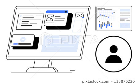 Digital marketing, user interface, analytics, project tracking, data management, teamwork. Computer screen with graphs, pop-ups and user profile icon. Digital marketing and user interface concept 135876220