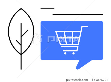 E-commerce, sustainability, green shopping, digital sales, online retail, eco-conscious buying. Shopping cart inside a blue speech bubble next to a minimal leaf. E-commerce and sustainability concept E-commerce, sustainability, green shopping, digital sales, online retail, eco-conscious buying. Shopping cart inside a blue speech bubble next to a minimal leaf. E-commerce and sustainability concept 135876222