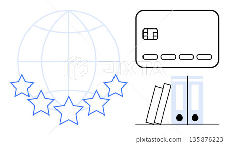 Financial services, global commerce, business organization, digital security, credit card use, professional management. Features a globe, stars a credit card and office binders. Financial services Financial services, global commerce, business organization, digital security, credit card use, professional management. Features a globe, stars a credit card and office binders. Financial services 135876223